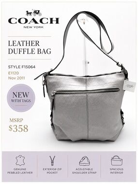 Coach Metallic Silver Pebbled Leather Duffle Shoulder Bag NWT